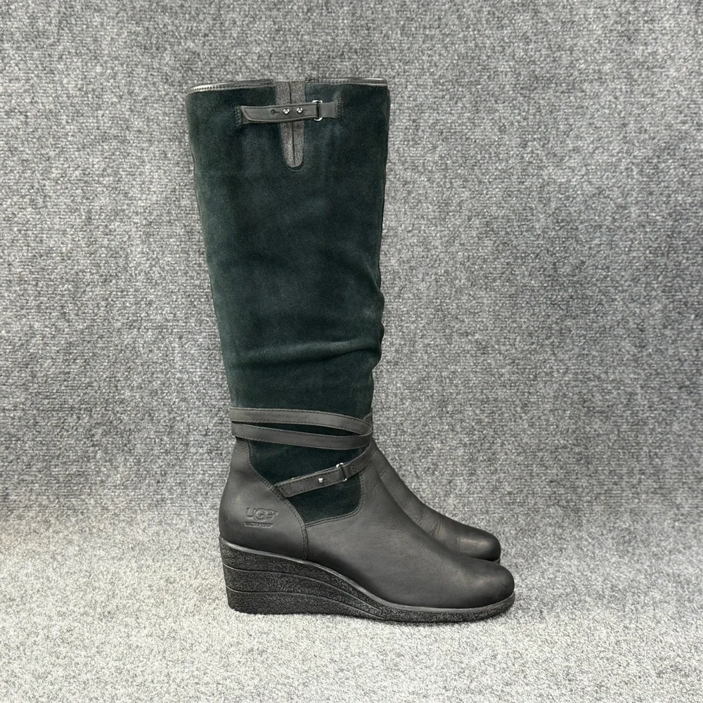 UGG Lesley Wedge Knee High Boots Women's 9 Black Suede Leather Tall Strap Buckle